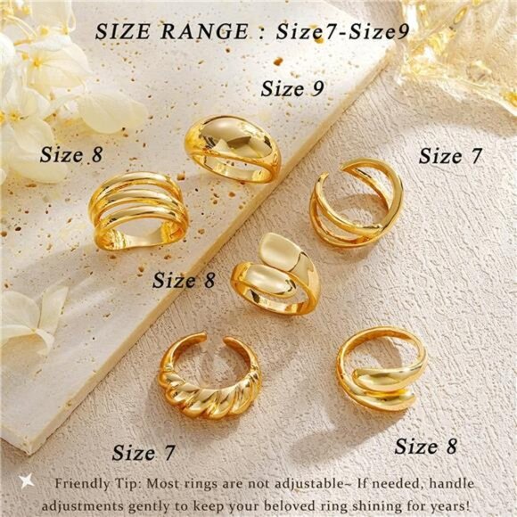 Chunky 18K Gold Rings set 6 pcs for Women Non-Tarnish Stackable Statement Set - Picture 8 of 10